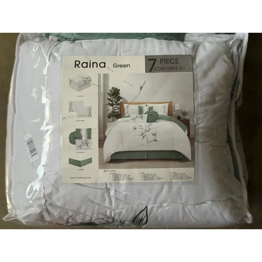 NEW! Nanshing - Raina 7PC Floral Midweight Bedding Comforter Set Queen Green